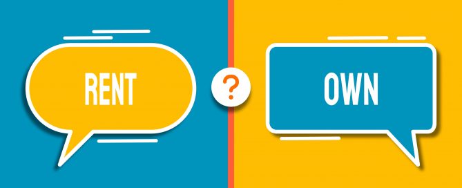 Rent vs. buy home decision 2026 graphic RENT’ and ‘OWN’ speech bubbles.