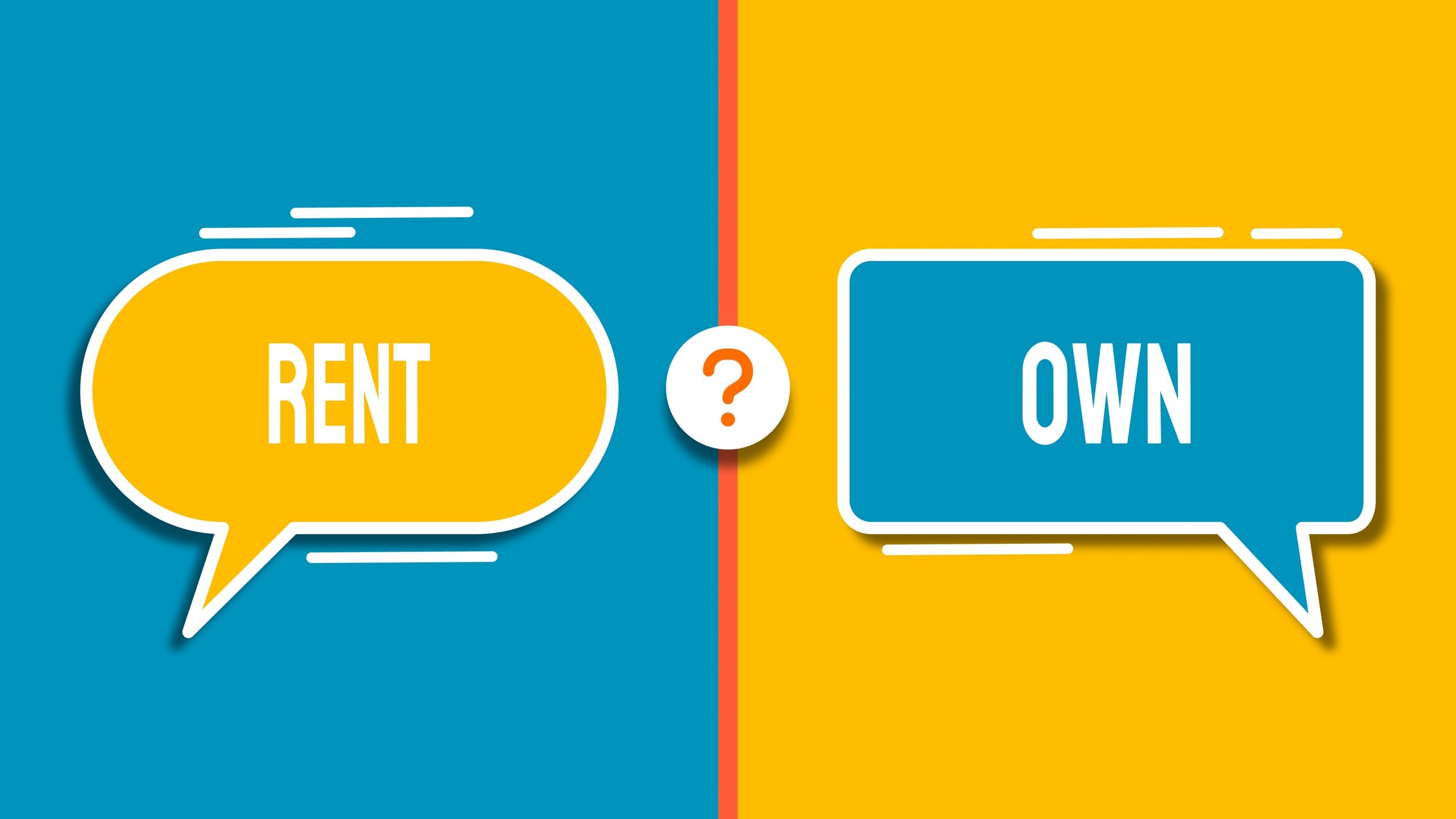 Rent vs. buy home decision 2026 graphic RENT’ and ‘OWN’ speech bubbles.