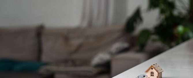 A small wooden house-shaped keychain attached to a set of metal keys rests on a white tabletop, with a softly blurred living room in the background featuring a couch, window light, and indoor plants.